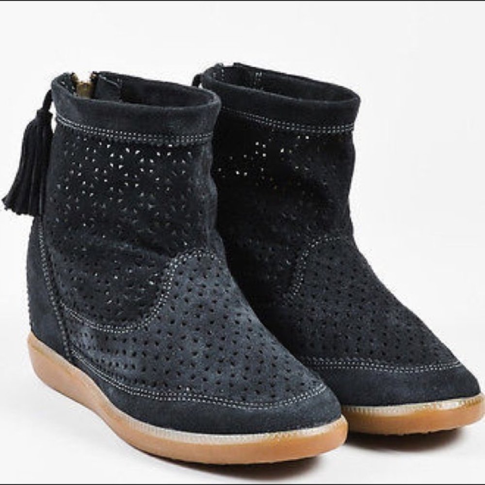Isabel Marant | Basley Ankle Boots Perforated Suede Moccasin Wedges Size EU 38